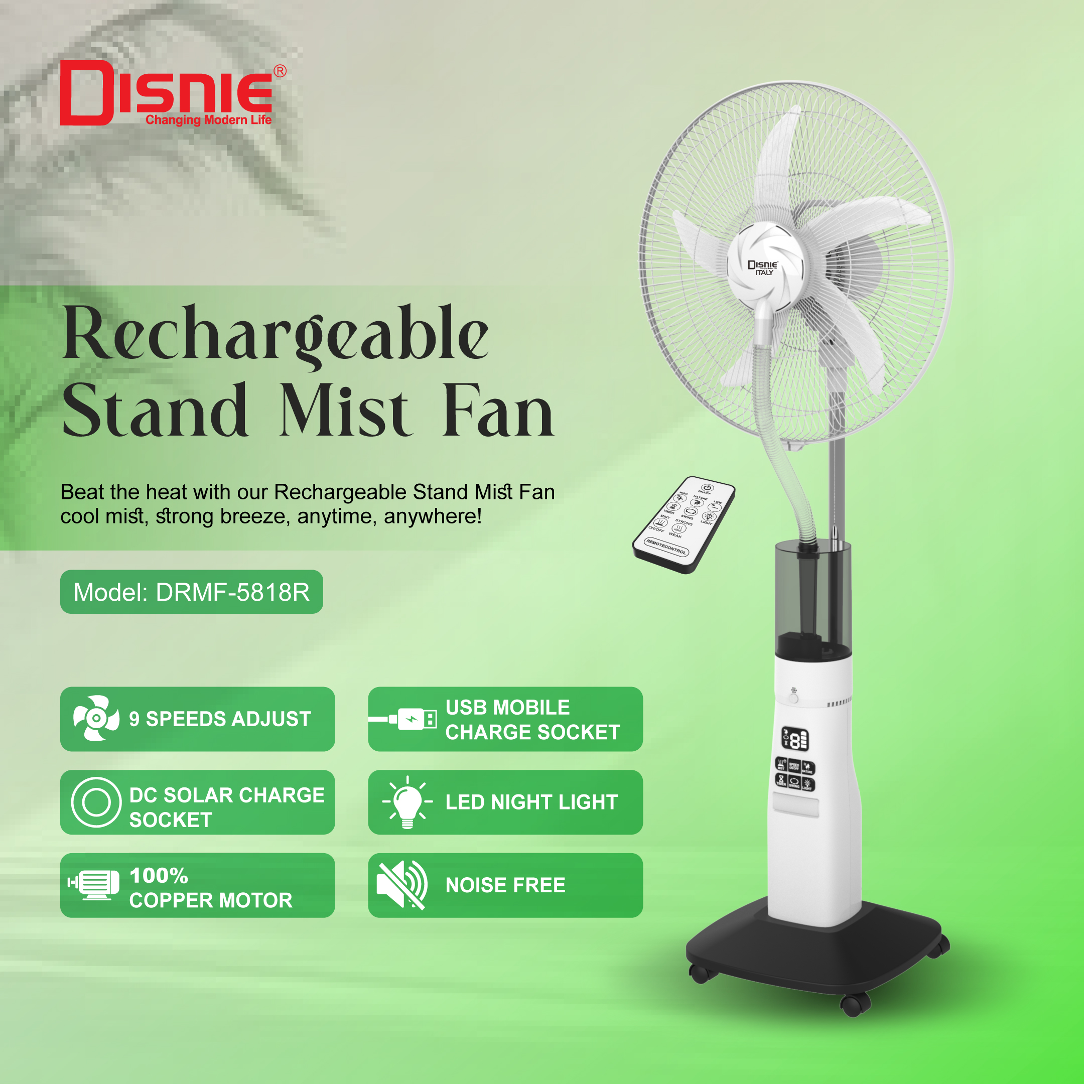 Disnie DRMF-5818R Rechargeable AC/DC Mist Fan 18" with Remote
