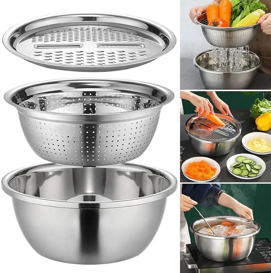 Multifunctional 3 In 1 Stainless Steel Drain Basket Vegetable Cutter For Kitchen