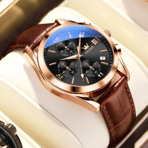 Olevs 2872 Quartz Wrist Waterproof Leather Watch – Coffee Black Luxury Men Watch